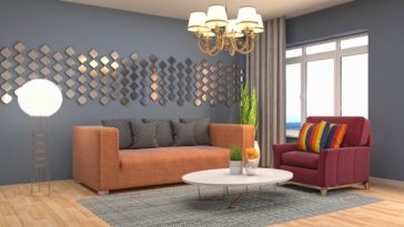 sala com dois sofás de cores diferentes