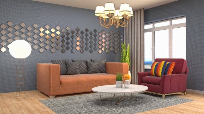 sala com dois sofás de cores diferentes