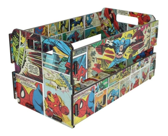 Exemplo de caixas para colocar objetos com plotagem de super herois da marvel