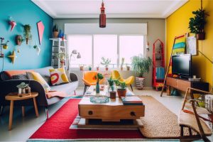 Sala de estar com peças coloridas no estilo dopamine decor.