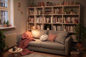 Espaço de um cantinho da leitura em casa com estante e sofá.
