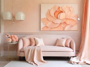 Sala de estar decorada na cor Peach Fuzz.