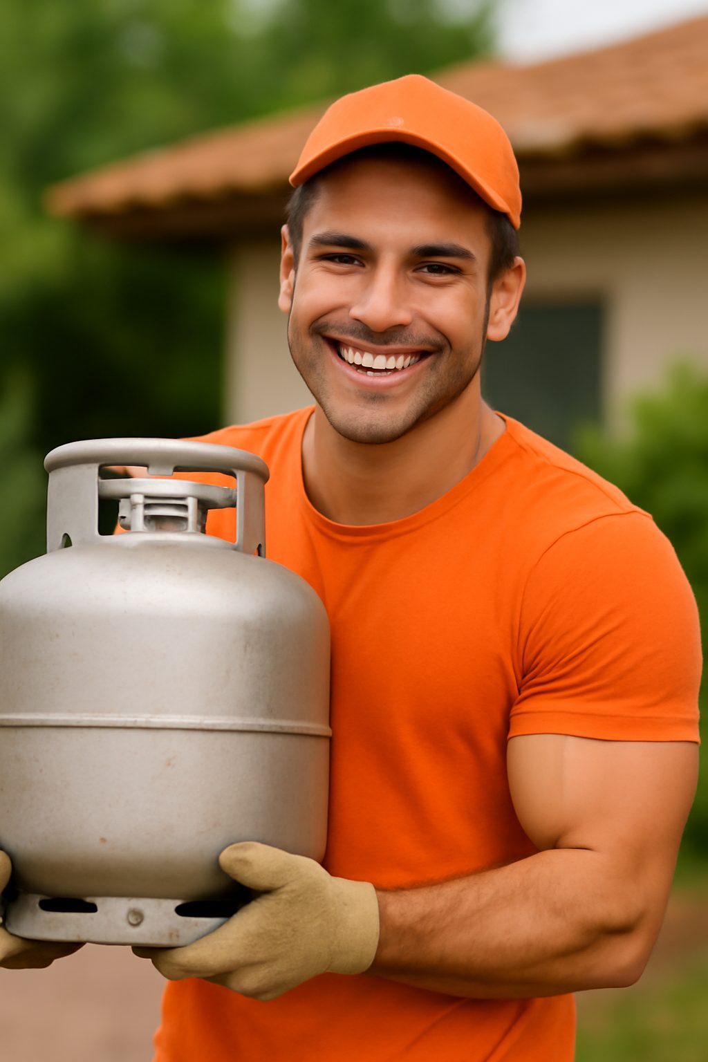Trabalhador sorridente segurando botijão de gás